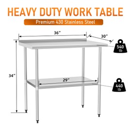 ​​HOCCOT Stainless Steel Table 30" x 36" with Adjustable Undershelf and Backsplash, Commercial Metal Workstations for Kitchen, Garage, Outdoor BBQ