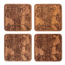 Seattle Map Coaster, Set of 4, Sapele Wooden Coaster with City Map, Handmade