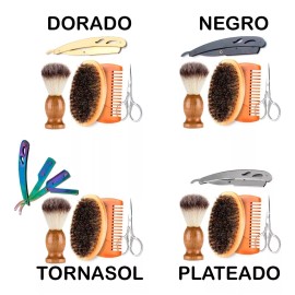 Veraly Kit 5p Cuidado De Barba Cepillo Bambú Tijera Navaja Brocha F