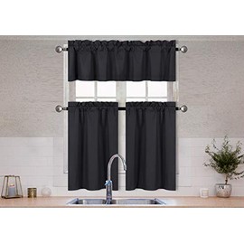 Home Collection 3 Pieces Solid Kitchen Curtain Set Tier and Valence with Rod Pocket Microfiber 100% Sunlight Blackout Drapes Window Treatment New (Black)