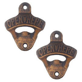 Jumiok Vintage Cast Iron Wall Mounted Beer Opener, Wall Hanging Bottle Cap Opener Antique Gold, Open Here Bottle Top Opener for Wall (Pack of 2)