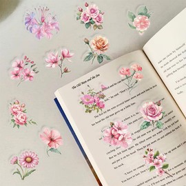 Transparent Pink Flower Stickers for Scrapbooking PET Nature Plant Stickers Floral Stickers Vintage Craft Sticker Colorful Small Flower Sticker for Journaling Scrapbooking Clear Flower Decals (Pink)