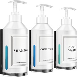 Wall Mount Soap Dispenser - Includes 3 Refillable 12.7 Fluid oz Bottles - with Labels for Shampoo, Conditioner, Body Wash & Lotion - Tamper Proof - Option to Drill or Tape - by Bergman Kelly