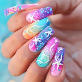 Summer Press on Nails Coffin Medium Glue on Nails Lines Stars Glitter Design Colorful Gradient Stick on Nails Medium Fake Nails Coffin Nails Press ons Glossy Acrylic False Nails for Girls Women 24Pcs