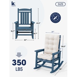 KINGYES HDPE Rocking Chair Outdoor with Thick Cushions, All-Weather Patio Rocking Chair Porch Rocker for Outside, Blue Chair with Beige Cushion
