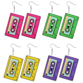 4 Pairs 80s 90s Earrings for Women Retro Cassette Tape Neon Earrings Colorful Acrylic Drop Earring Lightweight Funky Earring 80s 90s Accessories for Outfit Dancing Glow Party