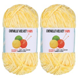 2 * 100g Velvet Chenille Chunky Yarn, Handcrafts Weaving Soft Chenille Yarn for Crocheting Clearance, Used for Making Baby Yarn Blanket, Clothes, Knitting Creations (Yellow)