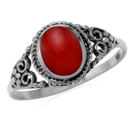 Silvershake 8X6mm Created Oval Shape Red Coral Inlay 925 Sterling Silver Filigree Victorian Style Ring Gemstone Jewelry Size 7