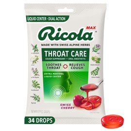 Ricola Ricola Max Swiss Cherry Throat Care Large Bag | Cough Suppressant Drops | Dual Action Liquid Center | Soothing Long-Lasting Relief - 34 Count (Pack of 1)