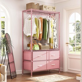 Raybee Furniture Clothes Rack, 450LBS Garment Rack Closet Rack with Drawers Clothing Racks for Hanging Clothes Heavy Duty Clothes Rack DIY Portable - Color: Pink