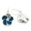 Small Blue Enamel Diamante Flower Drop Earrings In Silver Tone/