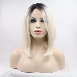 Xiweiya Ombre Blonde White Wig with Black Root Synthetic Lace Front Wigs Middle Part Wig Long Soft Straight Wig Hair Wig for Women, Drag Queen Makeup 14 inch