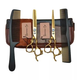 Remmar Co Set 2 Tijeras + Peines 6  Estilista Barbero Estuche Dorado