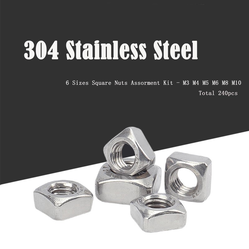 Ymaiss 240pcs Metric 304 Stainless Steel Square Nuts Assortment Kit,