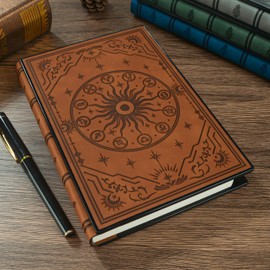 HwxBen A5 Diary with Combination Lock and 180° Sleep Flat Made of Soft PU Leather with Embossed Zodiac Design - Ideal for Adults, Women, Men and Teens for Privacy - Brown