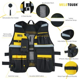 MELOTOUGH Tool Vest Reflective Safety Tool Vest with Removable Phone Holder,Retractable Pen Holder for Handyman,Electrician,Carpenters(Yellow)