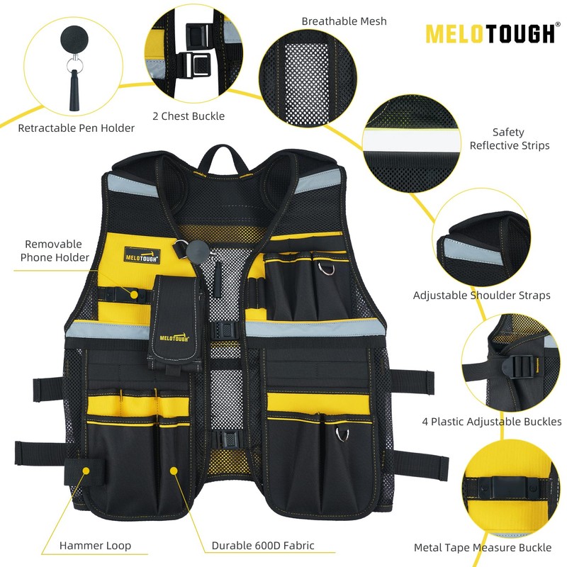 MELOTOUGH Tool Vest Reflective Safety Tool Vest with Removable Phone