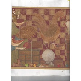 INTERNATIONAL * WALLPAPER BORDER FOLK ART PRIMITIVE ROOSTERS BIRDS COUNTRY BASKET RUSTIC
