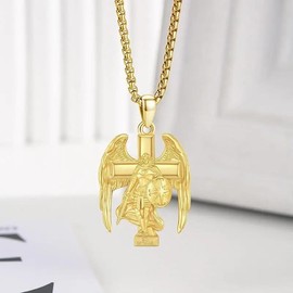 S925 Sterling Silver Saint Michael Archangel Cross Pendant Necklace Unisex Spiritual Jewelry for Men & Women - color: Gold
