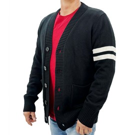 Hip Hop 50's Shop - Mens 1950s Letterman Cardigan Sweater (Medium, Black)