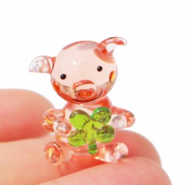 Crrezhai Miniature Hand Blown Glass Pig Figurine Crystal Animal Decor, Home Statues Collectible Figurines 3D Animal Ornament for Women & Men Lucky Clover