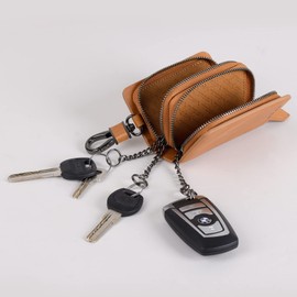 VISOUL Genuine Leather Car Key Cover Key Bag Car Key Pendant Antique Vintage Double Zip Carabia Hook Bag, light brown, Vintage