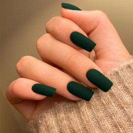 Matte Dark Green Press on Nails Long Square, KXAMELIE Medium Coffin Nails Press ons Long Glue on Nails Natural Thick Fake Long Nails Acrylic Nails Reusable 24 Fake Nails Solid Color Nails for Women