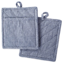 DII 100% Cotton Solid Chambray Kitchen Set, Potholders, Blue, 2 Piece