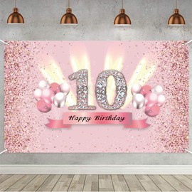 10th Birthday Decoration Banner Happy 10th Birthday Backdrop for Girls 10th Birthday Party Background Glitter Pink Party Banner Kids Photo Studio Props 120 cm x 80 cm