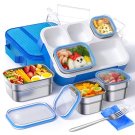 TIME4DEALS Bento Box Stainless Steel Lunch Box Set for Kids Adult 5-Compartment Leakproof Insulated Lunch Containers with Fork Lunch Bag Kits for School Works, Metal Lunchbox Tray BPA-Free (Blue)