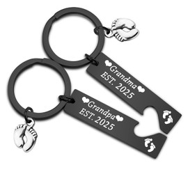 FUSTMW New Grandparent Gift Grandma and Grandpa Est 2025 Keychain Set Pregnancy Announcement Gifts (Silver), Black, Small