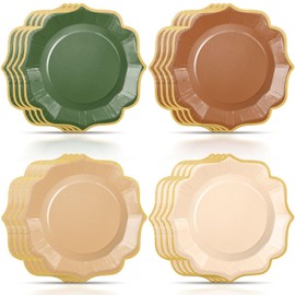Potchen 48 Pcs Sage Green Brown Dessert Plates 7 Inch Woodland Forest Scalloped Disposable Party Paper Plate for Summer Wedding Birthday Baby Shower Party Supplies, 4 Colors