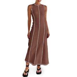 Wenrine Womens Sleeveless T Shirt Maxi Dress Summer Contrast Stitch Ribbed Knit Tank Dresses Coffee