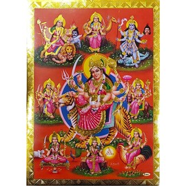 Rastogi Handicraft Best Of Indian Reprint Hindu God Poster/Picture with Golden Foil Unframed (Durga-Ji-Navaroop-7"X5")