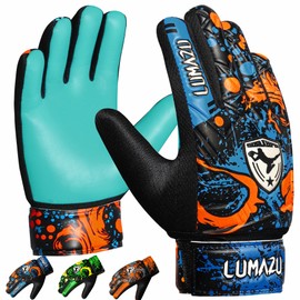 LUMAZU Youth Soccer Goalkeeper Gloves Kids Adult (Blue, Size 4 suitable for 6 to 9 Years Old)