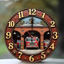 Lancholy Fire Station Wall Clock Vintage Firetruck Decor 10-Inch Wooden Wall Clock, Silent Movement, Battery Operated (AA Batteries Not Included), Artistic Home Decor, Perfect for Home Accents