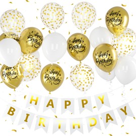 Teselife Happy Birthday Banner, Gold White Birthday Decoration, 20Pcs Happy Birthday Balloons with Happy Birthday Banner for Men Women Girls Boys Party Decorations Supplies