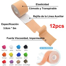 Cinta de Kinesiología 12 Rollos,Vendaje Neuromuscular Cinta Respirable Deportiva,Impermeable,Cinta Deportiva Profesional,sin Látex3.8cm*5m