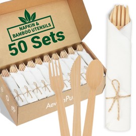 Pre Rolled Napkin and Bamboo Cutlery Set - 50 Sets (200 PCS)Disposable Wrapped Bamboo Utensils (50Forks,50Spoons,50Knives,50Compostable Napkins)-Wooden Silverware/Wrapped Plastic Tableware Alternative