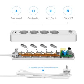 POWSAF 4 Way Power Strip with 4 USB Ports Max 4000W and 16A with USB-C Outlet Wall Mount Switch for Smartphones Laptops White