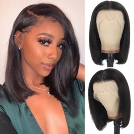 13x4 Lace Front Wigs Human Hair Bob Wigs for Women Human Hair Short Hair Straight Glueless Bob Wigs Human Hair Pre Plucked with Baby Hair 12 Inch Perruque Femme Humain Naturel