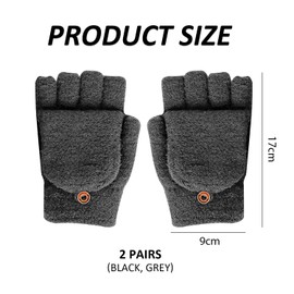 NyxSeat 2 Pairs Knitted Gloves, Fingerless Folding Gloves, Convertible Mittens, Thickened Knitted Gloves, Warm Winter Gloves, Windproof Gloves (Black + Grey)