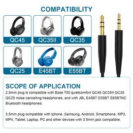 Replacement Audio Cable Cord for Bose 700 QC45 QC35II QC35 QC25 Noise Cancelling Headphones, 3.5mm to 2.5mm Aux Cable Compatible with JBL Tune 710BT 760NC 660NC Headphones (Straight Jack)
