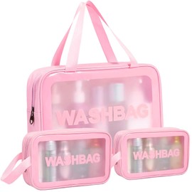 3 Piezas Bolsa de Maquillaje Impermeable, Neceser de Viaje para Mujer y Hombre, Cosmetiquera para Maquillaje Transparente, Bolsa para Baño Portatil y Gran Capacidad, Separación en Seco y Húmedo (Rosa)