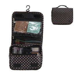 Periea 'Amelia' Travel Wash Bag, Travel Hanging Toiletry, Wash Bag, Bathroom Gym Toiletries for Men, Makeup Cosmetic Organiser for Women - Black with White Polka Dots