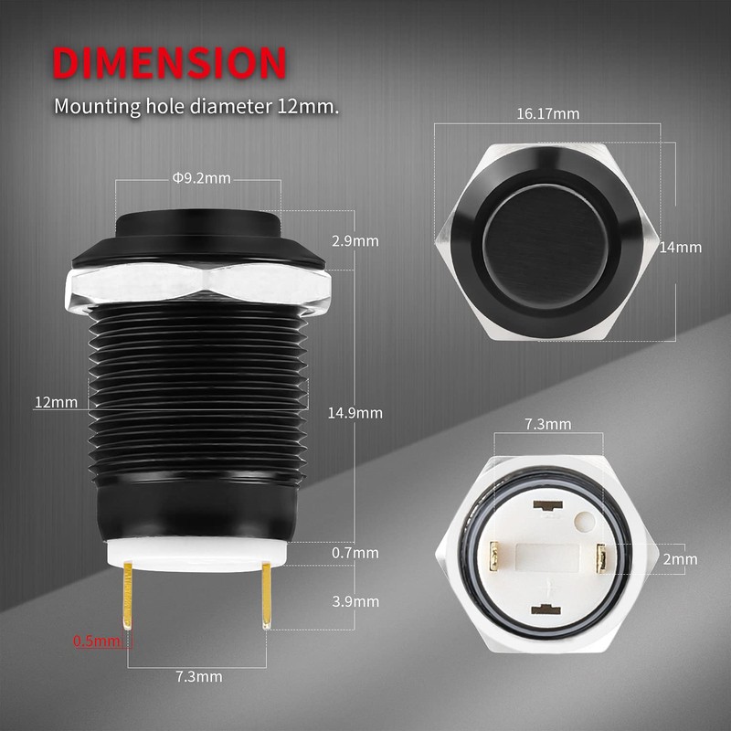 DaierTek 6pcs 12V Momentary Push Button Switch Waterproof Black Metal