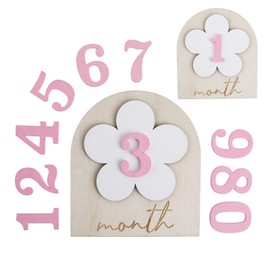 Pink Baby Milestone Cards with Glue Points Wooden Milestone Baby Cards Baby Monthly Milestone Cards Baby Milestone Cards with Replaceable Number for Baby Growth Recording, 1-12 Months