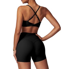 IDOPIP Set sportivo da donna per il fitness: set da palestra 2 pezzi con scollo a V, reggiseno twist back e leggings corti – abbigliamento sportivo estivo per yoga, pilates e allenamento, Nero , M