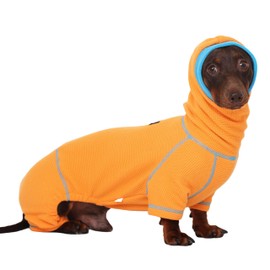 WienieDay Dachshund Dog Turtleneck Sweater, Waffle Pullover Jumpsuit for mini Dachshunds, Soft 4-Leg Dog Pajamas, Snug Outfit for Long Body Breeds (Orange, Small(7-12lbs))