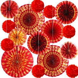 Outus 21 Pcs Chinese Lunar New Year Decorations Paper Fans Red Lucky Chinese Hanging Ornaments Tissue Pom Poms Ceiling Wall Decor for 2025 Year of The Snake Chinese Spring Festival Party Supplies